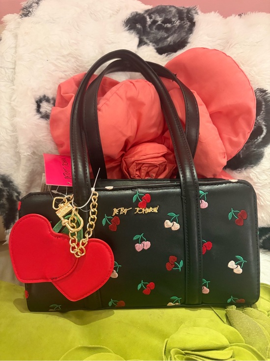 Betsey Johnson Handbags - Betsey Johnson Black Satchel with Red & Pink Cherry Embroidery